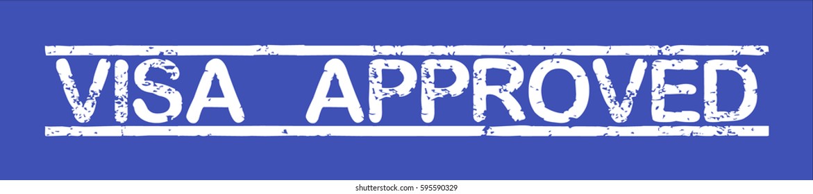 Stamp with word "visa approved", grunge style, white text on blue indigo background