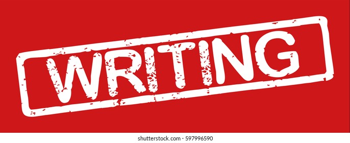 Stamp with word "writing", grunge style, white text on red background