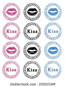 Stamp with words KISS with woman lips inside in red, black and blue color 