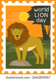 Stamp for World Lion Day. Vector illustration. Suitable for banner, postcard or poster.