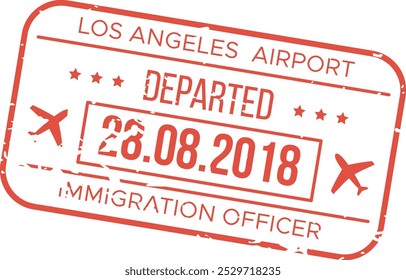 Um documento carimbado do Aeroporto de Los Angeles marca uma partida em 26 de agosto de 2018 indicando autorização de imigração para viajantes que saem do país.