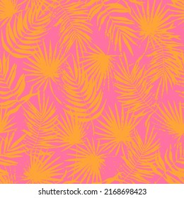 Stamped tropical leaves seamless pattern. Shaded jungle grunge flora trend. Abstract botanical background. Palm branches fashion print for fabric, package, paper