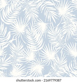 Stamped tropical leaves seamless pattern. Shaded jungle grunge flora trend. Abstract botanical background. Palm branches fashion print for fabric, package, paper