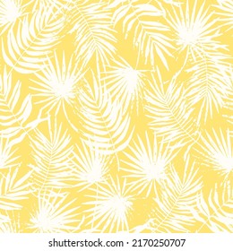 Stamped tropical leaves seamless pattern. Shaded jungle grunge flora trend. Abstract botanical background. Palm branches fashion print for fabric, package, paper