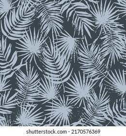 Stamped tropical leaves seamless pattern. Shaded jungle grunge flora trend. Abstract botanical background. Palm branches fashion print for fabric, package, paper