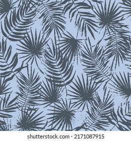 Stamped tropical leaves seamless pattern. Shaded jungle grunge flora trend. Abstract botanical background. Palm branches fashion print for fabric, package, paper