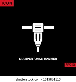 Icono vectorial Stamper / Jack Hammer sobre fondo negro. Ilustración icono plano para gráficos, interfaces de medios impresos y diseño web.
