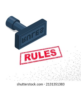 Stamping Rules. Rules concept. Print isolated on white background. Red square grungy vintage ink stamp. Vector illustration flat design.