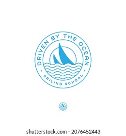 Stamp-like line logo for the yacht club, sailing, travel, adventure company with sails, waves, and sun. The adaptive small-size version is included.