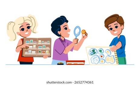 selos colecionando hobby kid vetor. moedas cartões, conchas de pedras, bonecas de bolas selos colecionando hobby kid character. pessoas ilustração de desenhos animados planos
