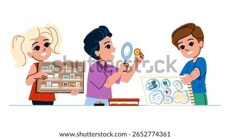stamps collecting hobby kid vector. coins cards, rocks shells, marbles dolls stamps collecting hobby kid character. people flat cartoon illustration