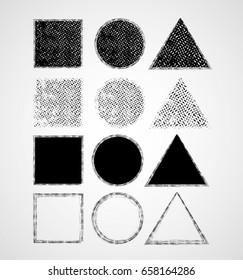 Stamps Collection. Grunge Triangles,Circles Banners, Insignias , Logos, Labels and Badges Set .  Retro Frames for Emblems. Eclipse Isolated blank shapes with dirty, distressed scratched Texture.
