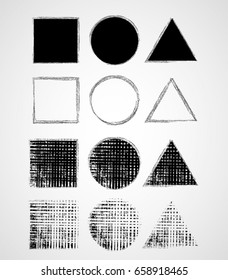 Stamps Collection. Grunge Triangles,Circles Banners, Insignias , Logos, Labels and Badges Set .  Retro Frames for Emblems. Eclipse Isolated blank shapes with dirty, distressed scratched Texture.