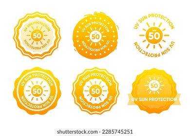 Stamps collection SPF 50 for sun protection. UVA and UVB. SPF 50 plus, UV protection lotion and cream packaging label. Vector illustration.