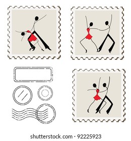 Stamps with dancing man and woman.