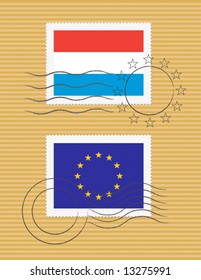 Stamps with flag of Luxembourg and European Union