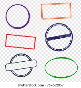 Stamps frames on transparent background.  Six stamps frames with dry rough edges.  Flat design. Vector illustration EPS10.