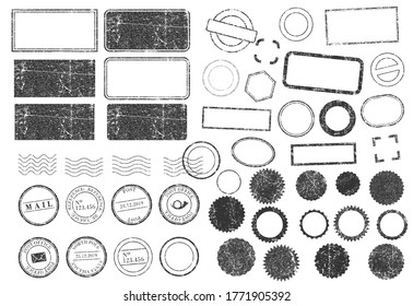 Stamps frames vector icon shape set. Stamp grunge ink rubber labels sign collection. Isolated on white background. Black round and square stamp border pack.