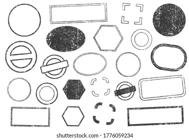 Stamps frames vector icon shape set. Stamp grunge ink rubber labels sign collection. Isolated on white background. Black round and square stamp border pack.