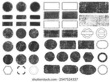 Stempelt Rahmen, Vektorsymbol-Shape-Set. Stempel Grunge Tinte Gummi Etiketten Sammlung. Einzeln auf weißem Hintergrund. Schwarze runde und quadratische Briefmarken-Umrandung.