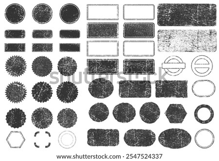 Stamps frames vector icon shape set. Stamp grunge ink rubber labels sign collection. Isolated on white background. Black round and square stamp border pack.