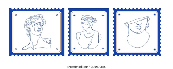 Stamps greek ancient gods. Postage frame stickers greece mythology one line arts, vintage statue sketches. Vector set