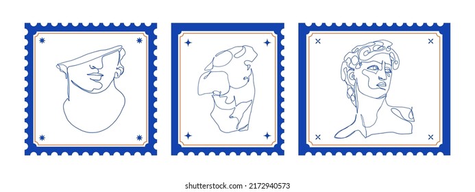 Stamps greek ancient gods. Postage frame stickers greece mythology one line art, vintage statue sketches. Vector set