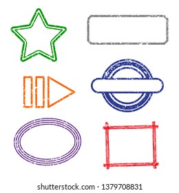 Stamps grunge frames on white background.  Six stamps frames for presentations, flyers, leaflets, postcards and posters.  Flat design. Vector illustration EPS10.