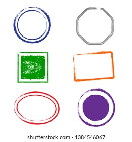 Timbres, cadres grunge sur fond blanc.  Six cadres de timbres pour les présentations, prospectus, dépliants, cartes postales et affiches. Design plat. Illustration vectorielle EPS10.