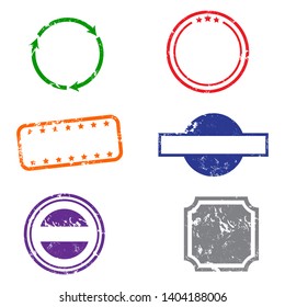 Stamps grunge frames on white background.  Six stamps frames for presentations, flyers, leaflets, postcards and posters.  Flat design. Vector illustration EPS10.