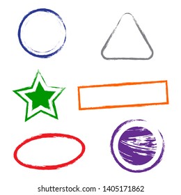 Stamps grunge frames on white background.  Six stamps frames for presentations, flyers, leaflets, postcards and posters.  Flat design. Vector illustration EPS10.