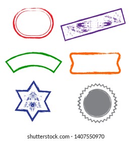 Stamps grunge frames on white background.  Six stamps frames for presentations, flyers, leaflets, postcards and posters.  Flat design. Vector illustration EPS10.