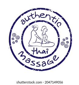 Briefmarken grunge Gummi Authentische Thai-Massage in Blau. Logo thai Massage mit Silhouette einer Frau erhalten traditionelle thailändische Massage durch Therapeut für Ihr Design, Logo.  EPS10.
