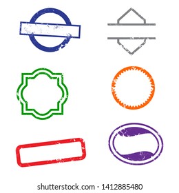 Stamps grunge rubber frames on white background.  Six stamps frames for presentations, flyers, leaflets, postcards and posters.  Flat design. Vector illustration EPS10.