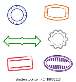 Stamps grunge rubber frames on white background.  Six stamps frames for presentations, flyers, leaflets, postcards and posters.  Flat design. Vector illustration EPS10.