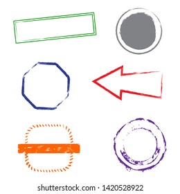 Stamps grunge rubber frames on white background.  Six stamps frames for presentations, flyers, leaflets, postcards and posters.  Flat design. Vector illustration EPS10.