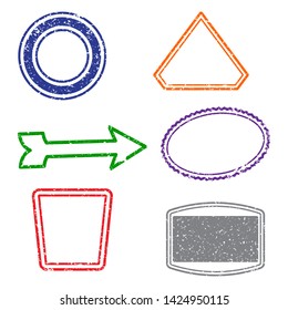 Stamps grunge rubber frames on white background.  Six stamps frames for presentations, flyers, leaflets, postcards and posters.  Flat design. Vector illustration EPS10.