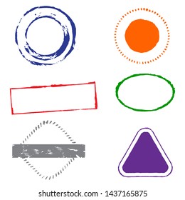 Stamps grunge rubber frames on white background.  Six stamps frames for presentations, flyers, leaflets, postcards and posters.  Flat design. Vector illustration EPS10.