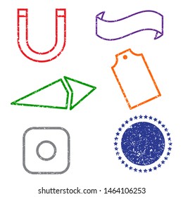 Stamps grunge rubber frames on white background.  Six stamps frames for presentations, flyers, leaflets, postcards and posters.  Flat design. Vector illustration EPS10.