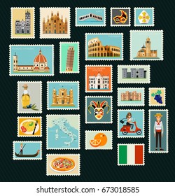 Stamps With Historical Architecture Of Italy. Vector Illustration.