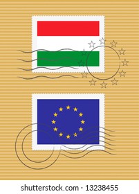 Stamps with Hungarian and European Union flags