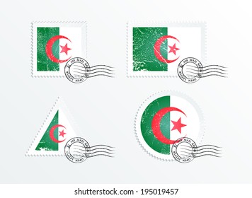 Stamps with the image of the flag. Stamp with flag. Triangular stamp, stamp rectangular, round stamp, square stamp. Algeria flag. Mark in grungy style. Battered mark. Old label.