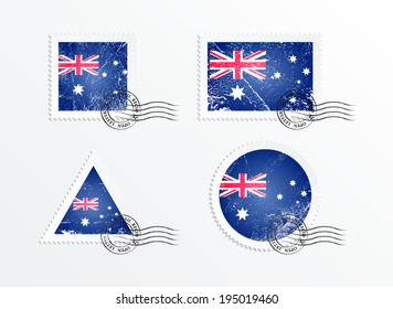 Stamps with the image of the flag. Stamp with flag. Triangular stamp, stamp rectangular, round stamp, square stamp. Australian flag. Mark in grungy style. Battered mark. Old label.