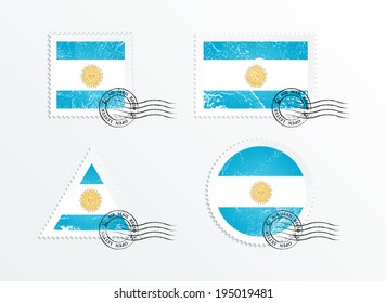 Stamps with the image of the flag. Stamp with flag. Triangular stamp, stamp rectangular, round stamp, square stamp. Flag of Argentina. Mark in grungy style. Battered mark. Old label.