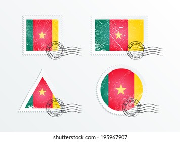 Stamps with the image of the flag. Stamp with flag. Triangular stamp, stamp rectangular, round stamp, square stamp. Mark in grungy style. Battered mark. Old label. Flag of Cameroon