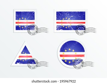 Stamps with the image of the flag. Stamp with flag. Triangular stamp, stamp rectangular, round stamp, square stamp. Mark in grungy style. Battered mark. Old label. Flag of Cape Verde