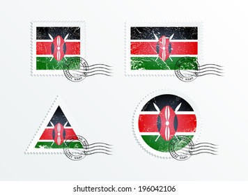 Stamps with the image of the flag. Stamp with flag. Triangular stamp, stamp rectangular, round stamp, square stamp. Mark in grungy style. Battered mark. Old label. Flag of Kenya