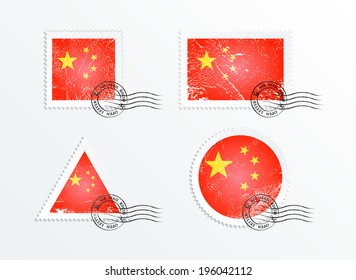 Stamps with the image of the flag. Stamp with flag. Triangular stamp, stamp rectangular, round stamp, square stamp. Mark in grungy style. Battered mark. Old label. Flag of China