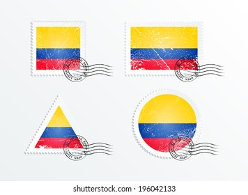 Stamps with the image of the flag. Stamp with flag. Triangular stamp, stamp rectangular, round stamp, square stamp. Mark in grungy style. Battered mark. Old label. Flag of Colombia