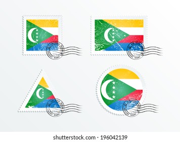 Stamps with the image of the flag. Stamp with flag. Triangular stamp, stamp rectangular, round stamp, square stamp. Mark in grungy style. Battered mark. Old label. Flag of Comoros